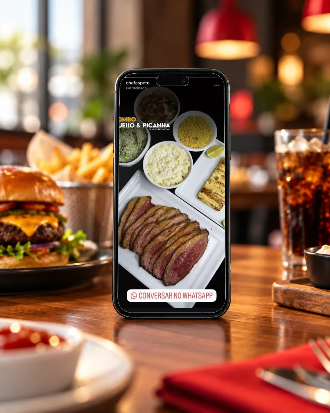 Celular sobre a mesa de um restaurante mostrando um story patrocinado real de delivery