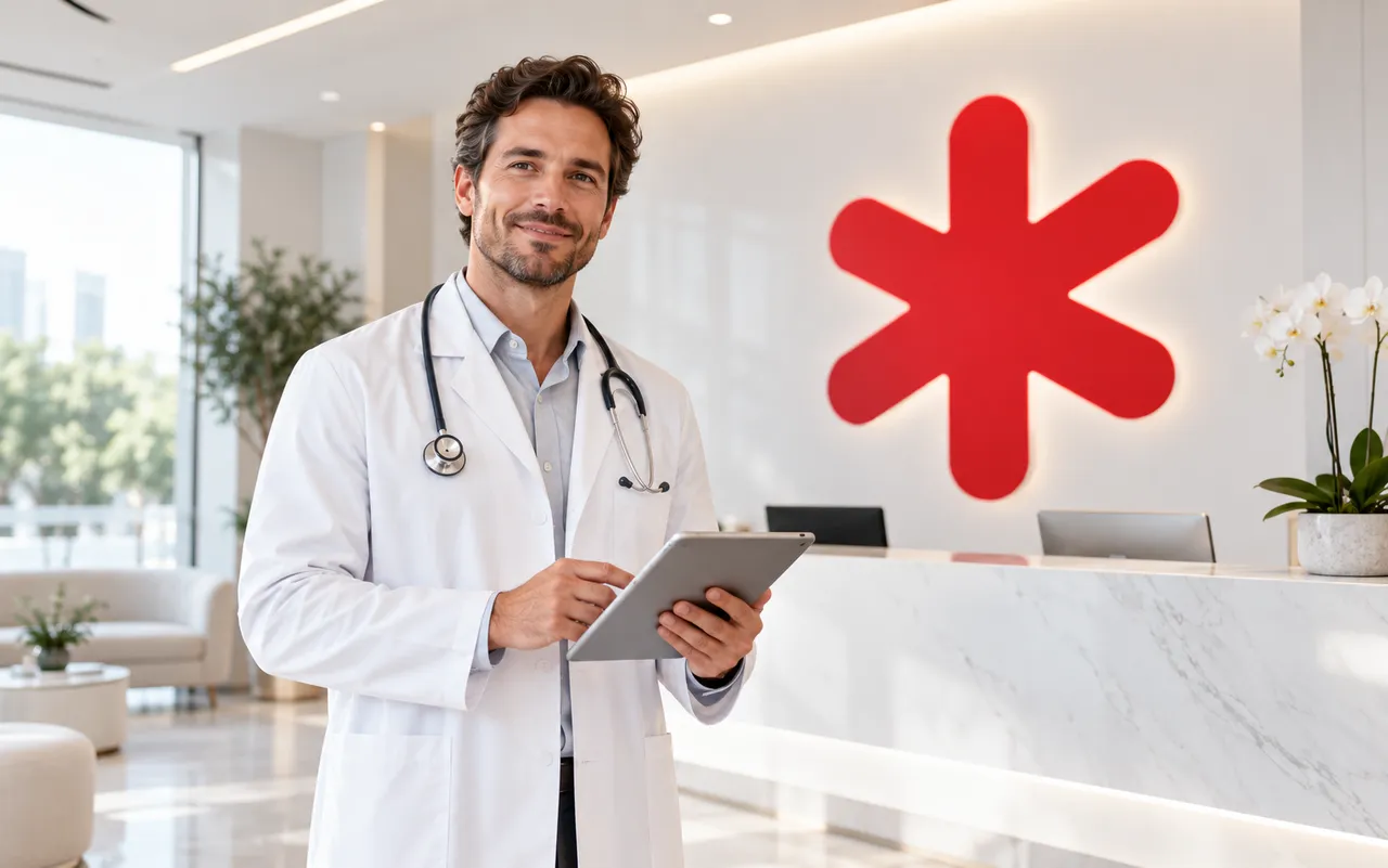 Médico com tablet na recepção de uma clínica de alto padrão
