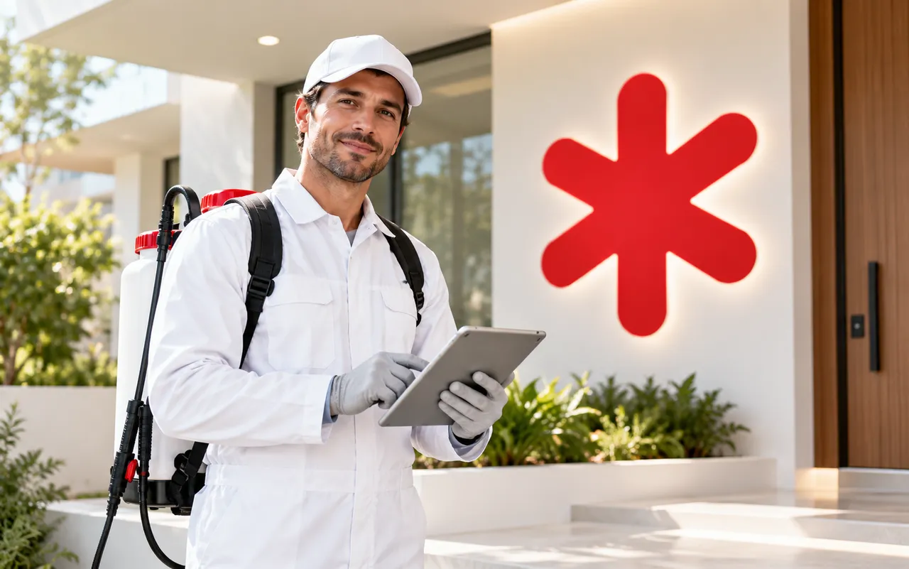 Técnico de controle de pragas uniformizado com tablet diante de uma casa