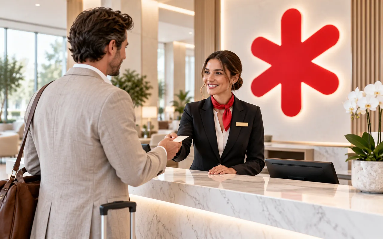 Recepção de hotel com atendente recebendo um hóspede