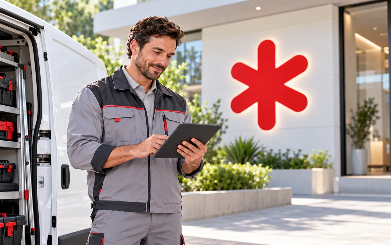Técnico de serviços com tablet ao lado da van de atendimento