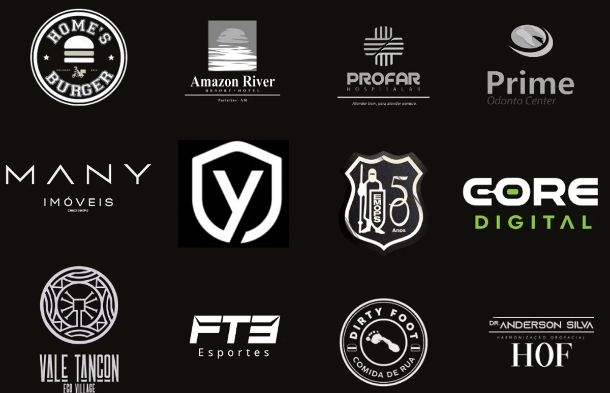 Grade de logotipos de clientes reais da Fórmula Mídia: Home's Burger, Amazon River Resort, Profar Hospitalar, Prime Odonto Center, Many Imóveis, Vale Tancon, EMOPS, GORE Digital, FT3 Esportes, Dirty Foot e Dr. Anderson Silva HOF, entre outros