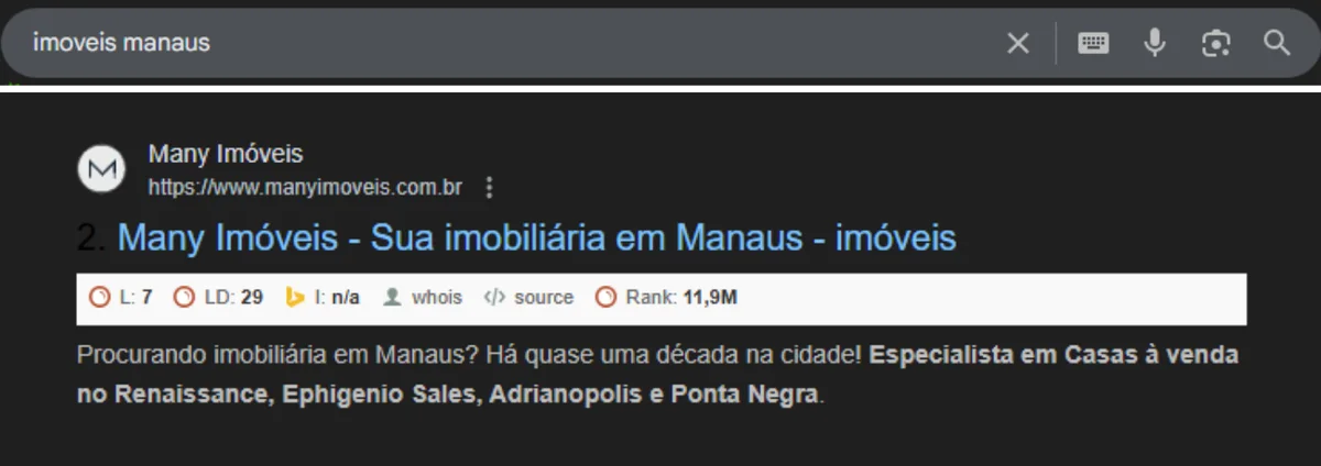 Busca real no Google por "imoveis manaus" mostrando a Many Imóveis na 2ª posição orgânica